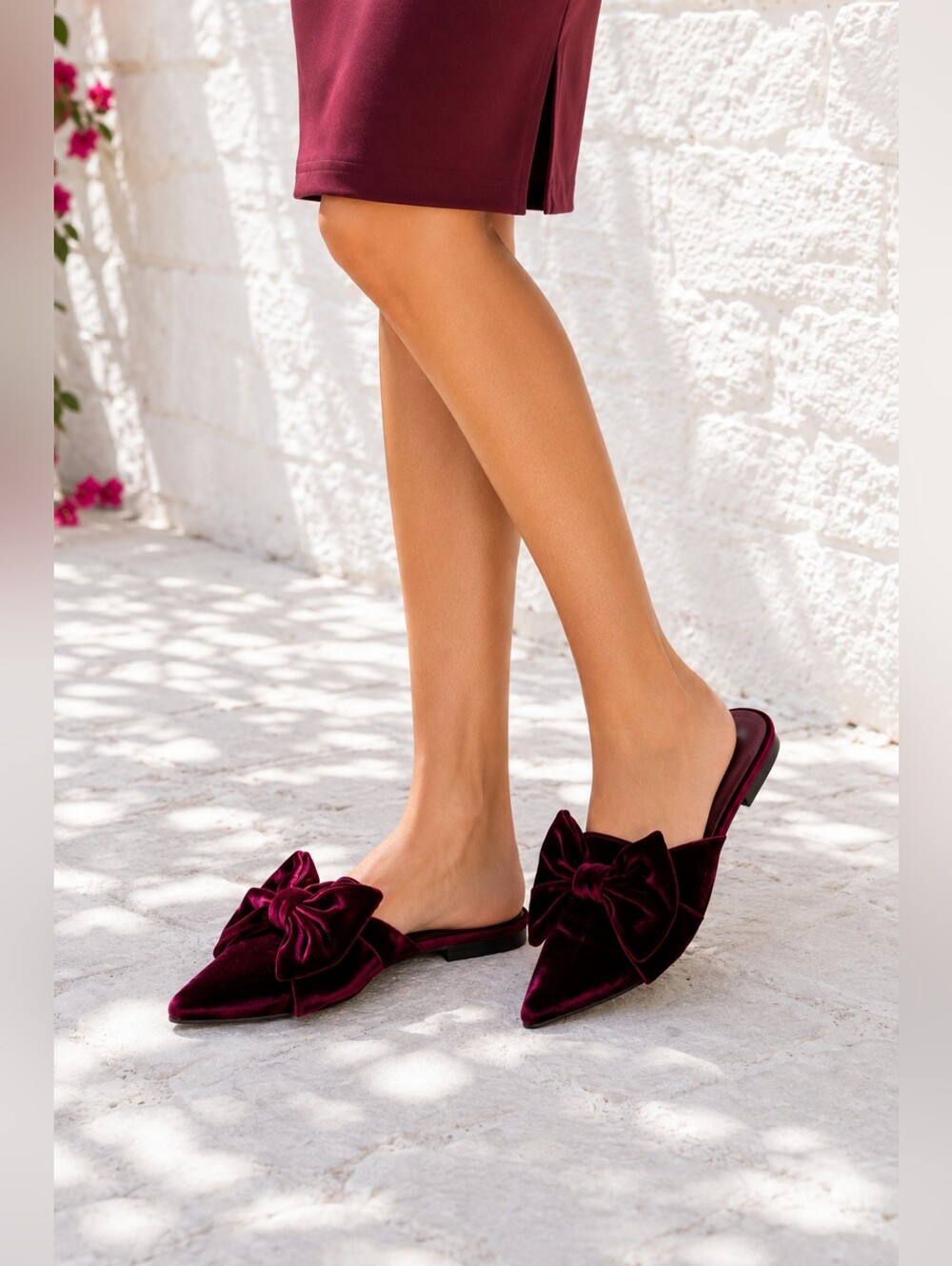 Rebecca Minkoff Burgundy Crushed Velvet Oversized Bow Pointed Toe Mule Flats 8.5